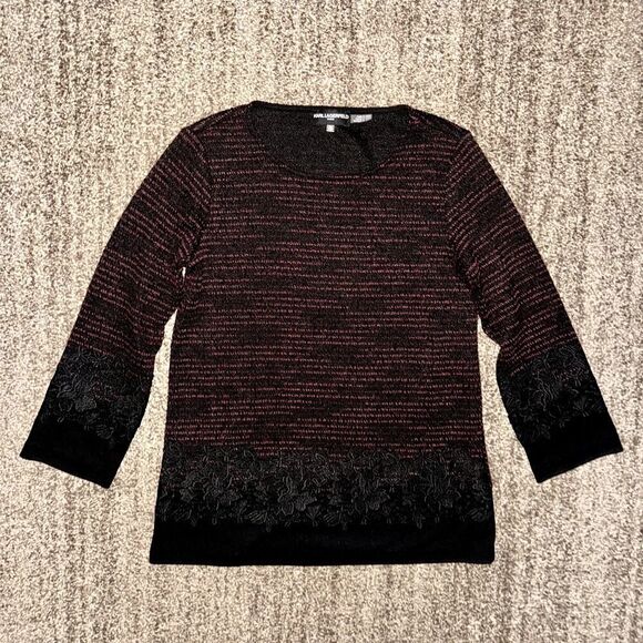 Karl Lagerfeld Paris Tweed Knit Lace Red Black Women's Sweater Top XS - Picture 4 of 11
